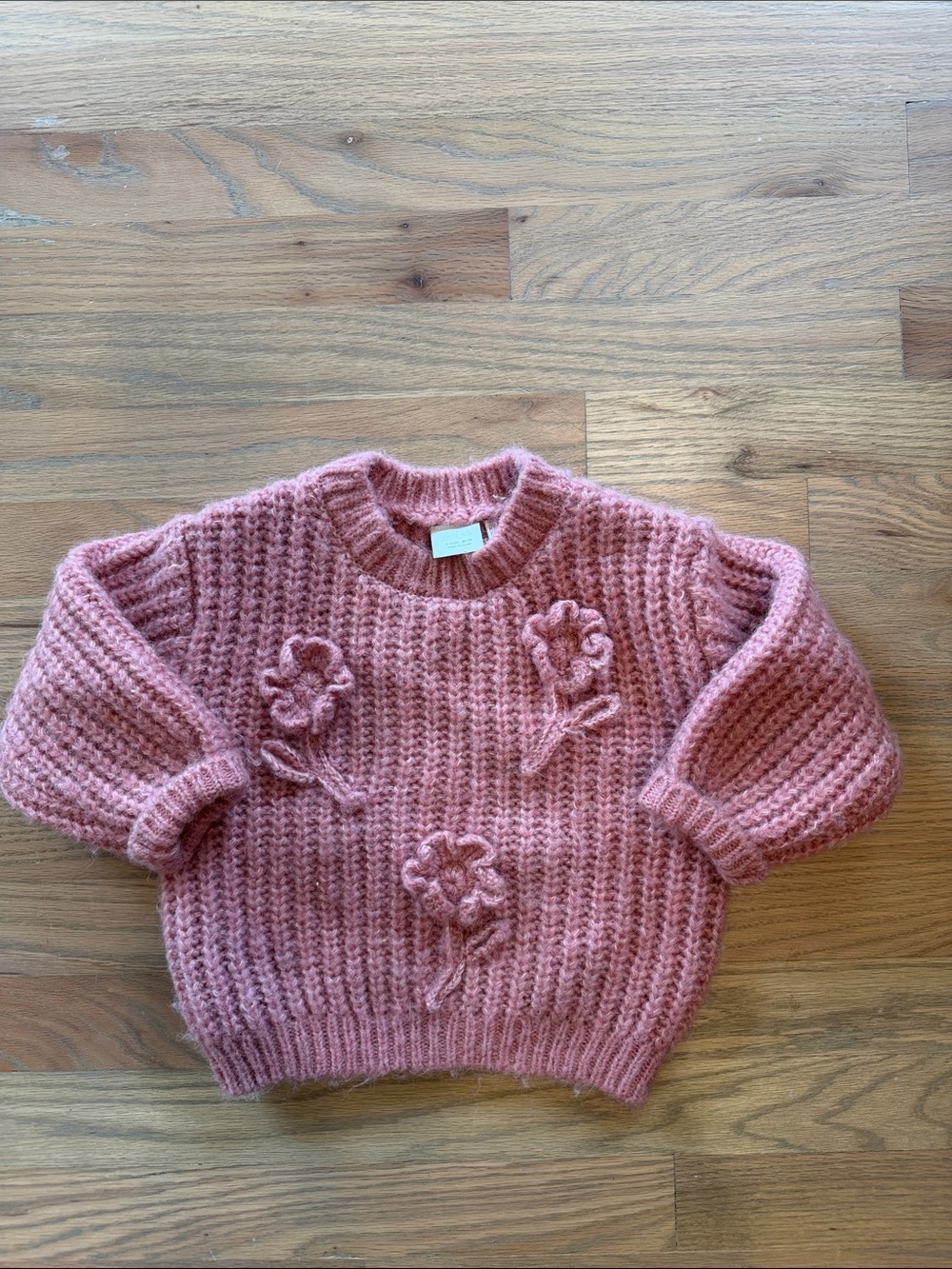 Zara Girls Pink Floral Appliqué Chunky Knit Wool Blend Sweater 2T 92c NWOT